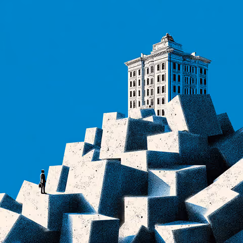 Large institutional building sitting atop stacked blocks with a lone person below, representing complex systems built on layered processes.