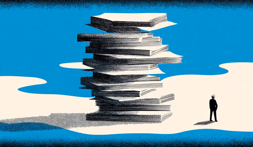 Towering stack of documents rising into the sky beside a single person, representing growing information and layered task outputs.