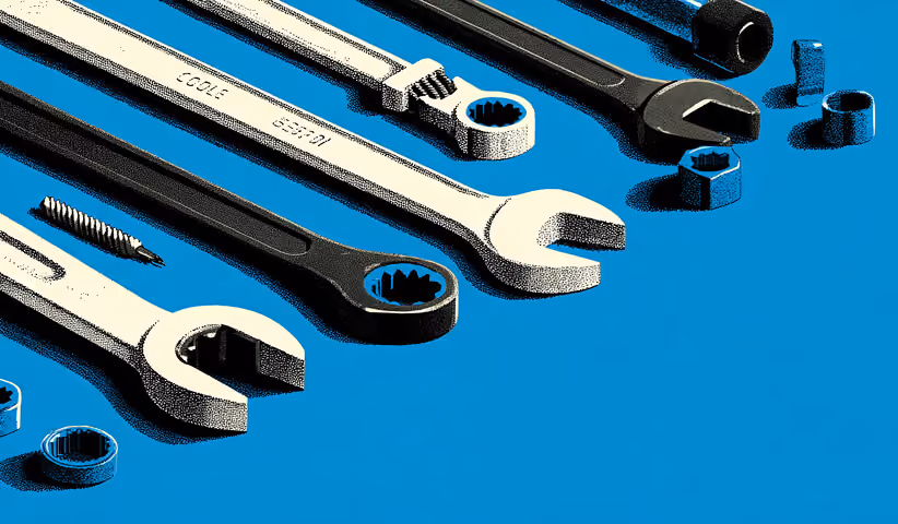 Arrangement of wrenches and mechanical tools on a blue surface, symbolizing structured tools and components used to build systems.