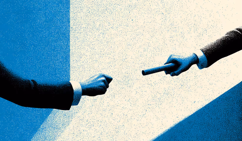 Two hands passing a baton between them, symbolizing sequential handoffs between steps in a chained process.