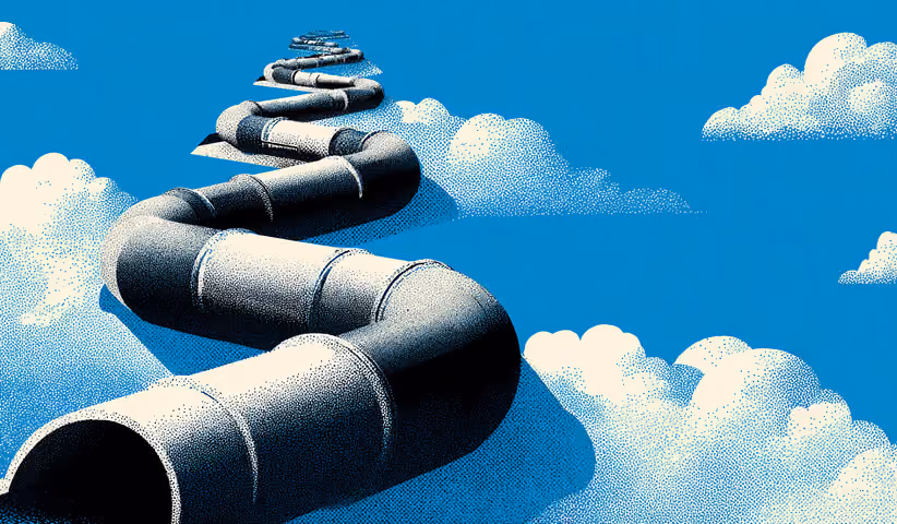 Long industrial pipeline stretching through the sky and clouds, representing the continuous flow of information through a system.