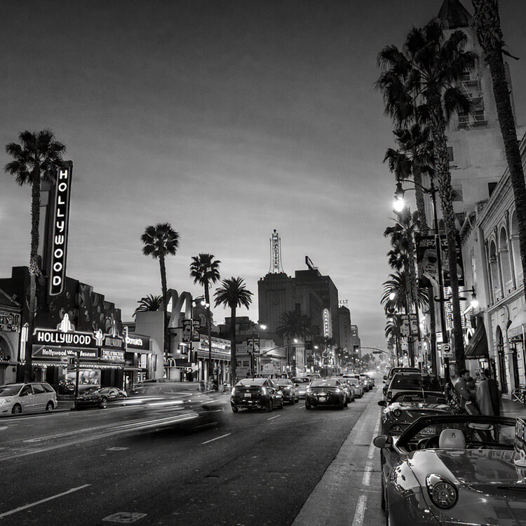 Hollywood Boulevard at night with palm trees, neon theater signs, and busy street traffic in Los Angeles.