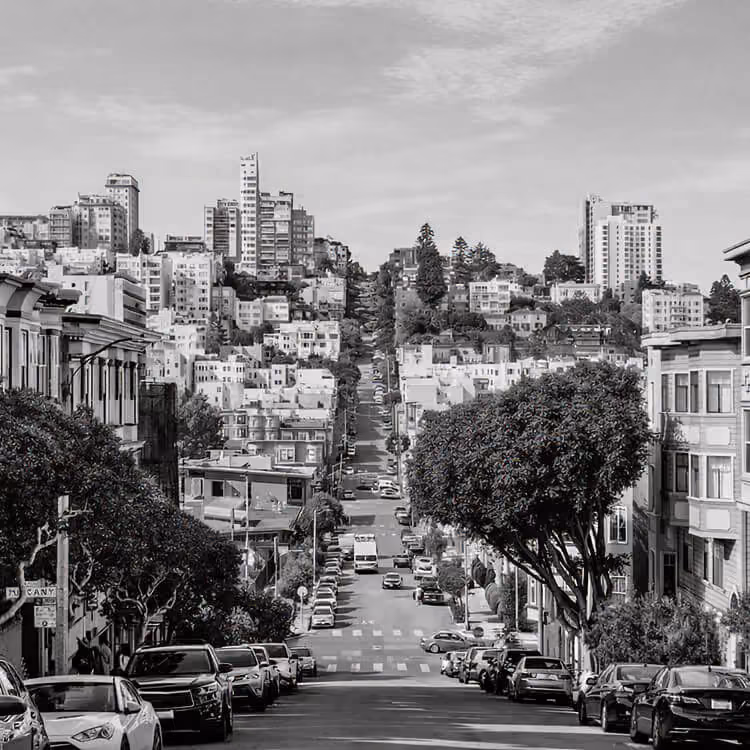 Residential hillside street with classic homes in a San Francisco neighborhood.