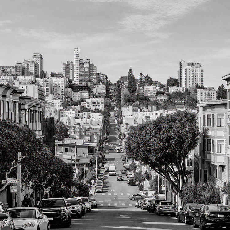 Residential hillside street with classic homes in a San Francisco neighborhood.