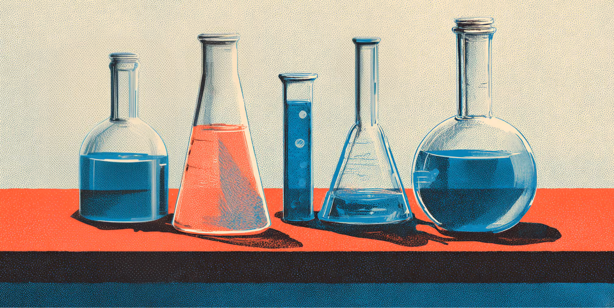 Set of laboratory glassware filled with colored liquids, symbolizing experimentation, testing, and refinement in marketing prompt development.