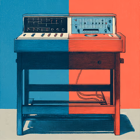 Retro control console split into blue and red halves, symbolizing testing variations and comparing different prompt outputs.