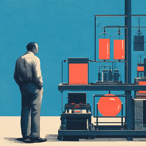 Researcher observing a laboratory setup with tanks and instruments, representing careful experimentation and evaluation.