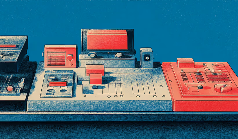 Vintage control panel with switches, screens, and sliders, representing systems used to manage and refine processes.