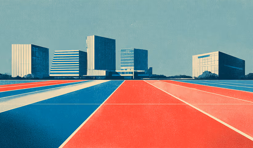 Wide track lanes leading toward modern buildings, symbolizing structured paths and scalable processes for growth.