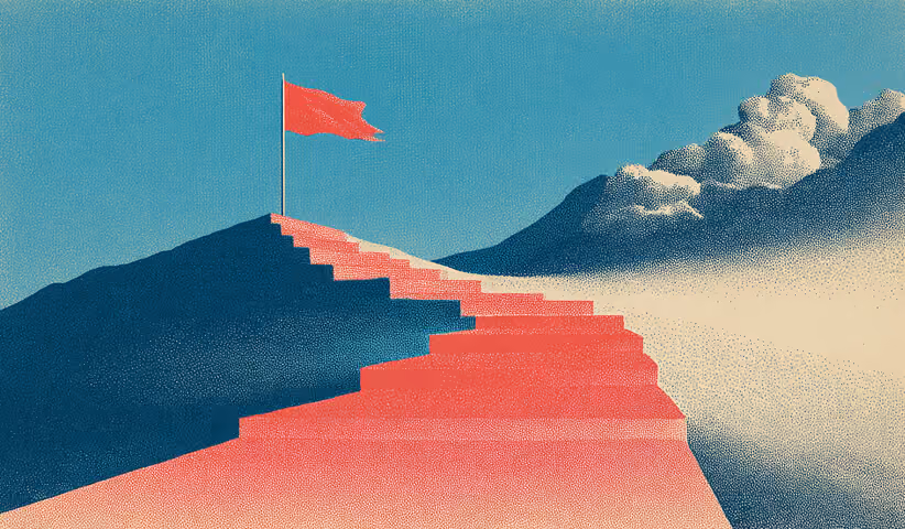 Staircase climbing toward a red flag on a mountain peak, representing step-by-step progress toward optimization goals.