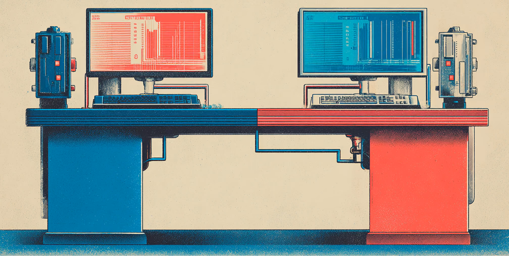 Two computer workstations connected across a desk with performance charts on screens, symbolizing comparative testing and analysis.