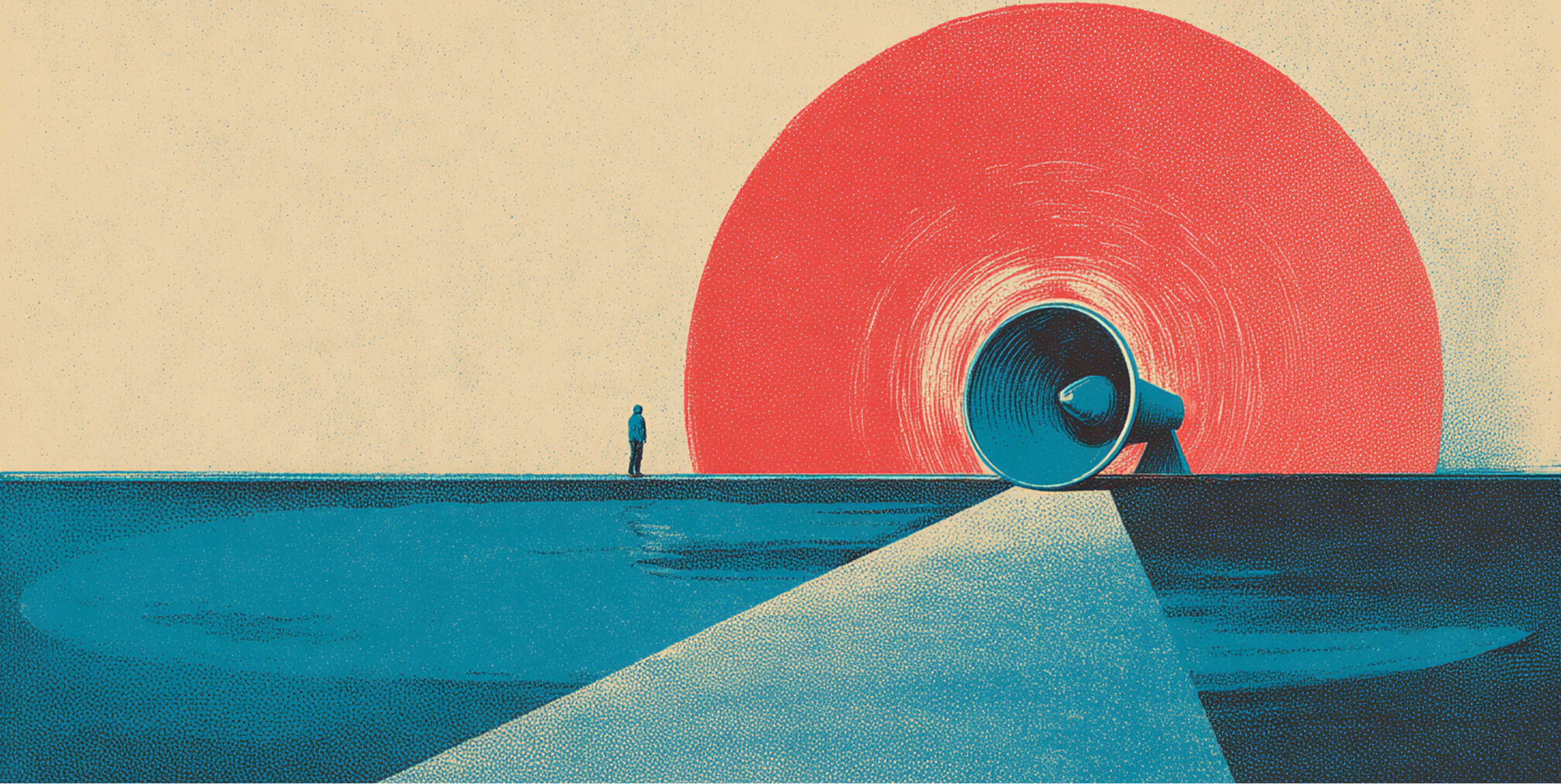 Large megaphone positioned before a bold circular background while a person observes from a distance, representing amplified messaging after optimization.