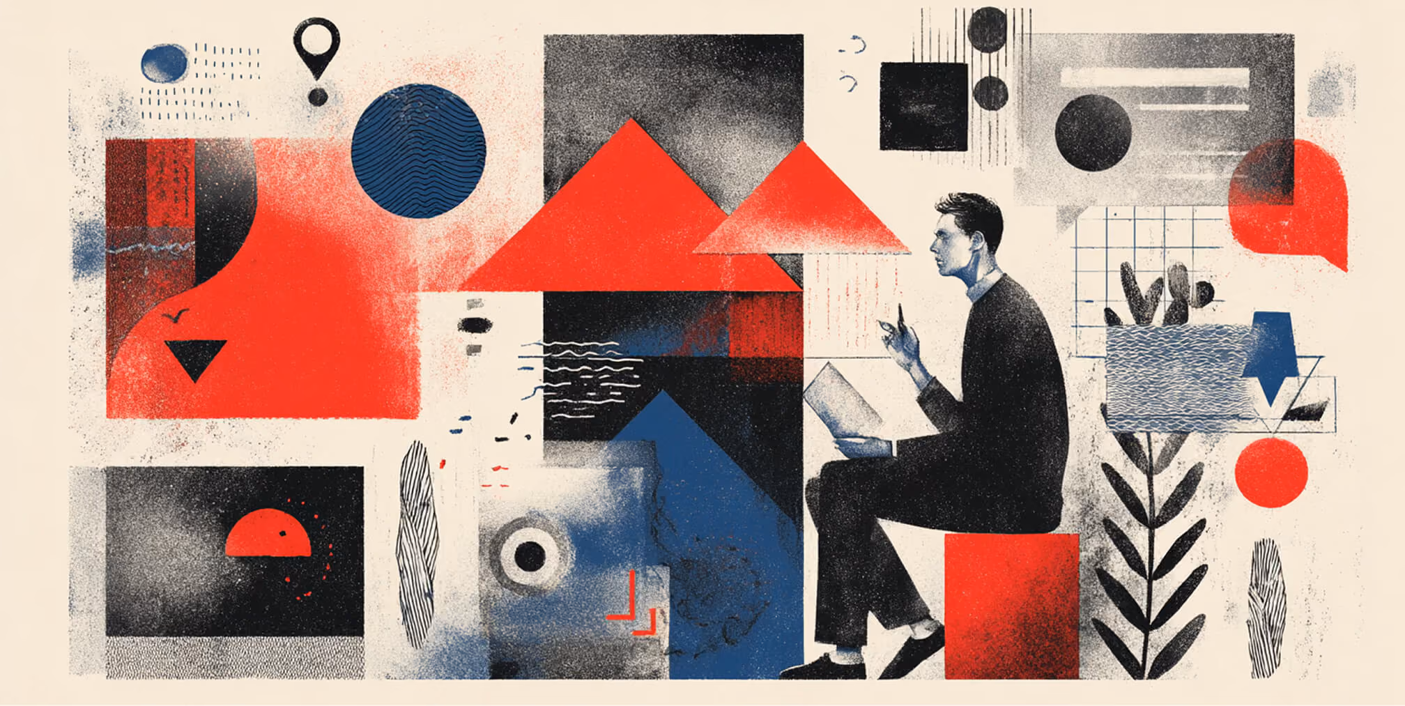 Abstract editorial illustration of a professional sitting with a laptop surrounded by geometric shapes and symbols, representing strategic thinking and brand transformation.