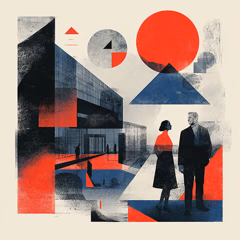 Two professionals standing near a modern building framed by bold geometric shapes, representing collaboration and strategic alignment in rebranding.