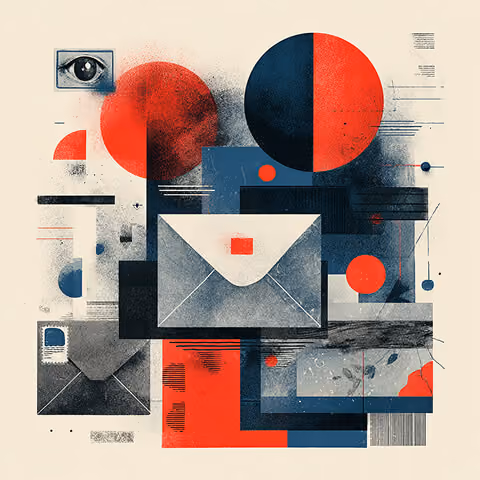 Graphic illustration of envelopes, circles, and visual elements arranged in a structured layout, representing brand messaging and communication systems.