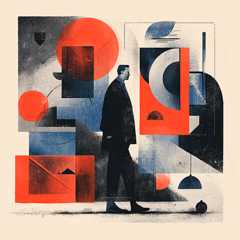 Minimalist abstract composition of red circles, black shapes, and architectural forms with a person walking, symbolizing movement and transition during a rebrand.