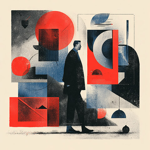 Minimalist abstract composition of red circles, black shapes, and architectural forms with a person walking, symbolizing movement and transition during a rebrand.