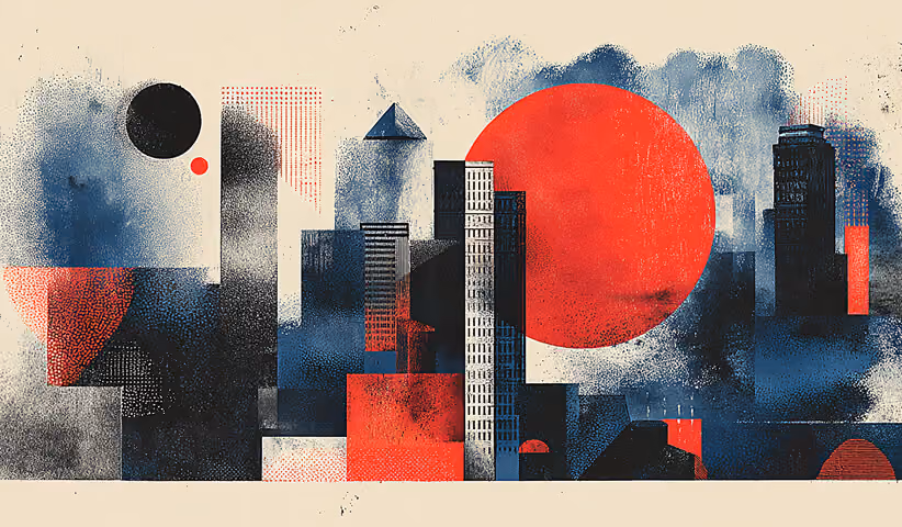 Stylized city skyline composed of geometric forms and bold red circles, symbolizing large-scale brand presence and market positioning.