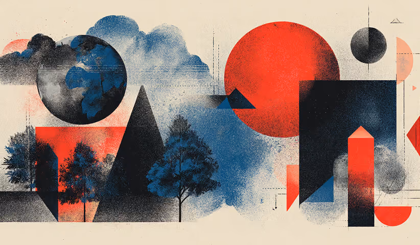 Landscape illustration with abstract shapes, trees, and a globe, representing brand expansion, perspective, and global positioning.