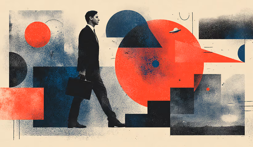 Business professional walking up geometric steps while holding a briefcase, symbolizing progress, growth, and strategic brand evolution.