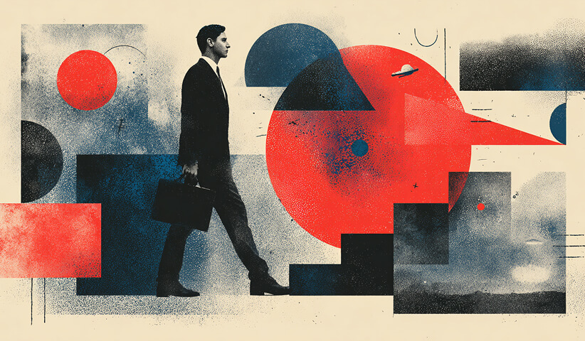 Business professional walking up geometric steps while holding a briefcase, symbolizing progress, growth, and strategic brand evolution.
