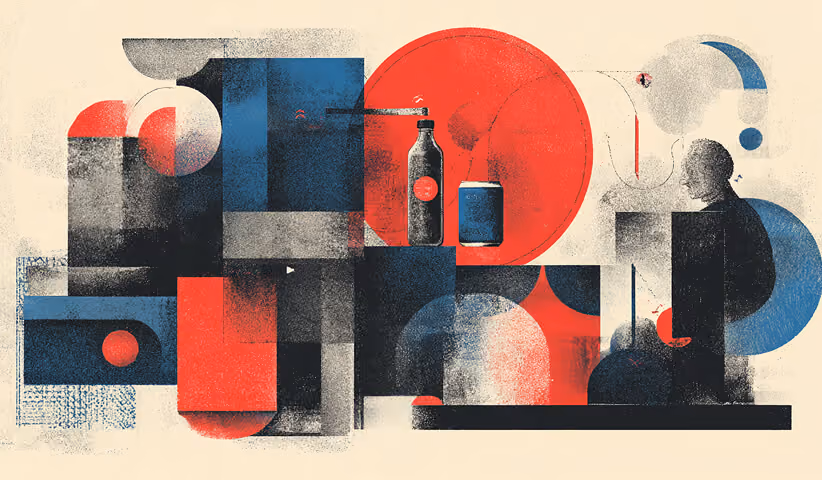 Abstract composition featuring product silhouettes and geometric blocks, representing packaging, product identity, and brand presentation.