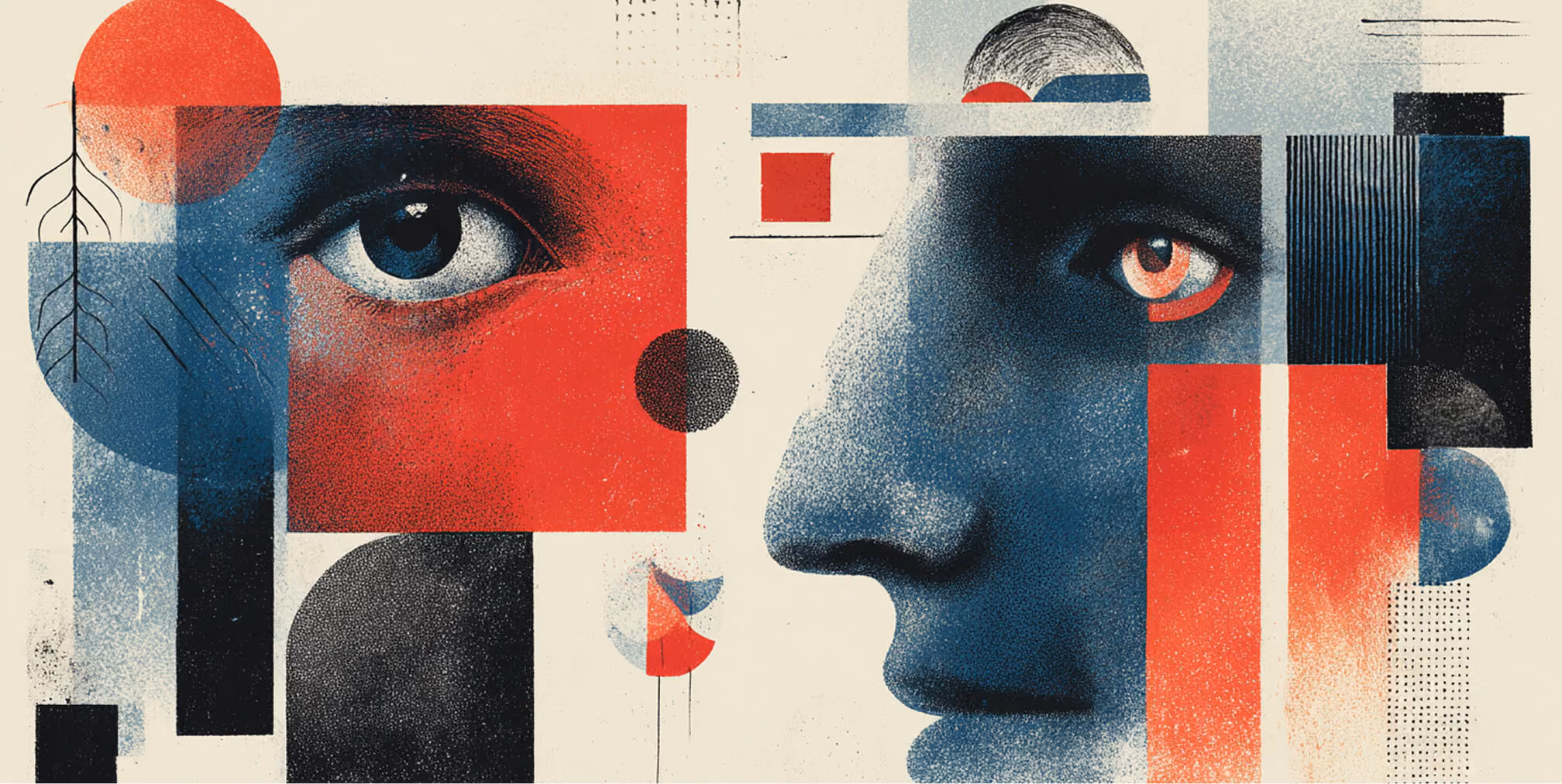 Close-up abstract illustration of two faces and eyes framed by geometric shapes, symbolizing perception, identity, and how audiences see a brand.