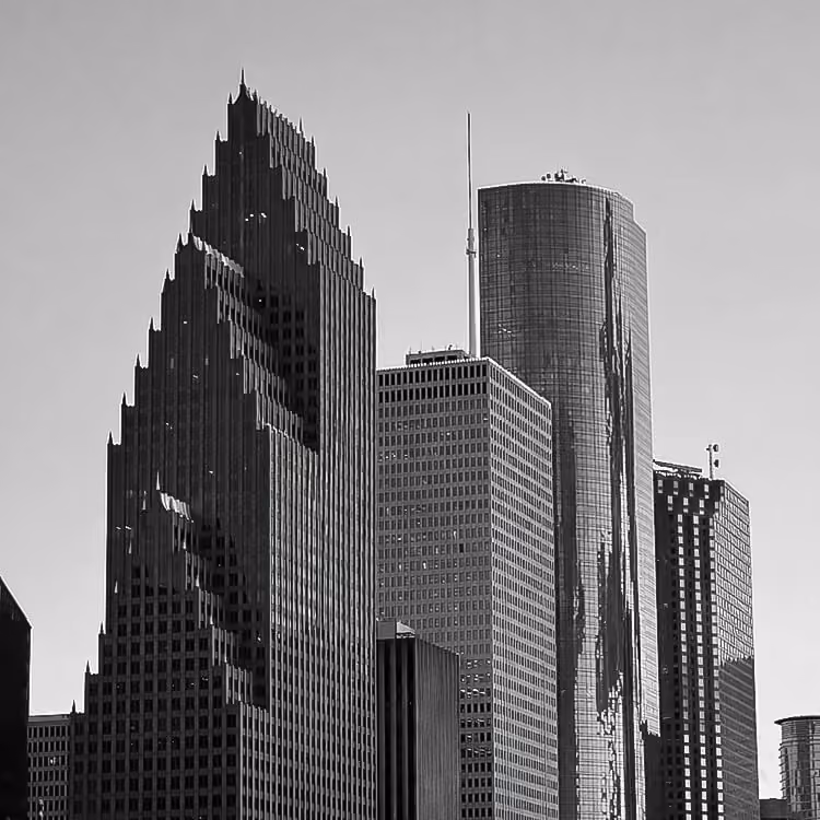 Downtown Houston skyline featuring modern skyscrapers and commercial towers in Texas.