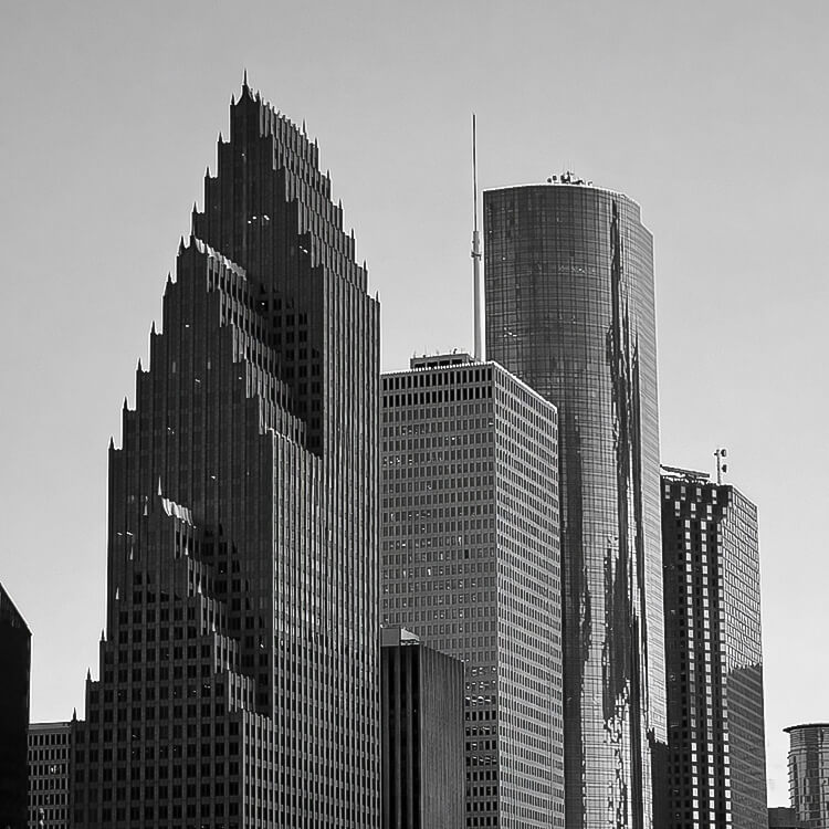 Downtown Houston skyline featuring modern skyscrapers and commercial towers in Texas.