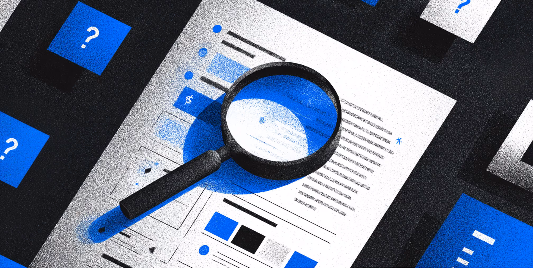 Magnifying glass placed over a document with charts and diagrams, symbolizing close analysis and evaluation during a brand audit.