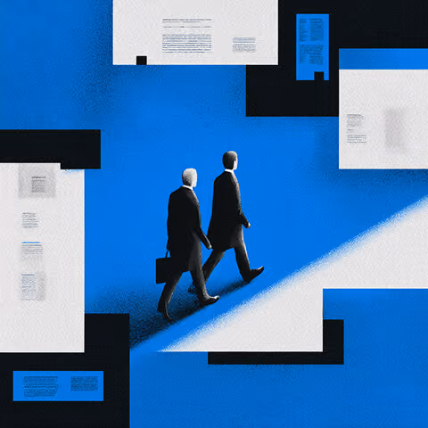 Two business professionals walking through a space filled with floating documents, representing the review of multiple brand materials and assets.