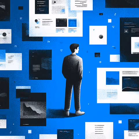 Person standing among many layout pages and design compositions, representing analysis of brand communications and creative assets.