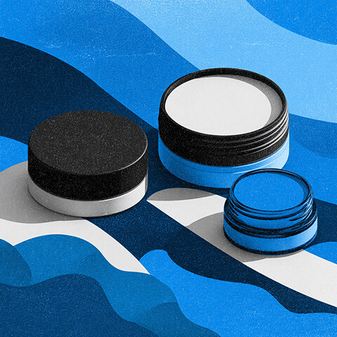 Minimal product packaging containers arranged on abstract blue shapes, representing evaluation of brand packaging and visual identity.