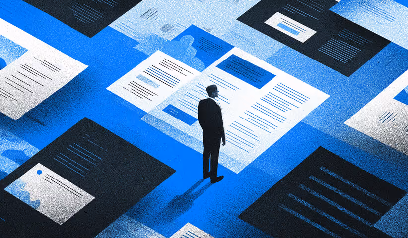 Professional reviewing a large document surrounded by scattered pages, symbolizing comprehensive documentation analysis.