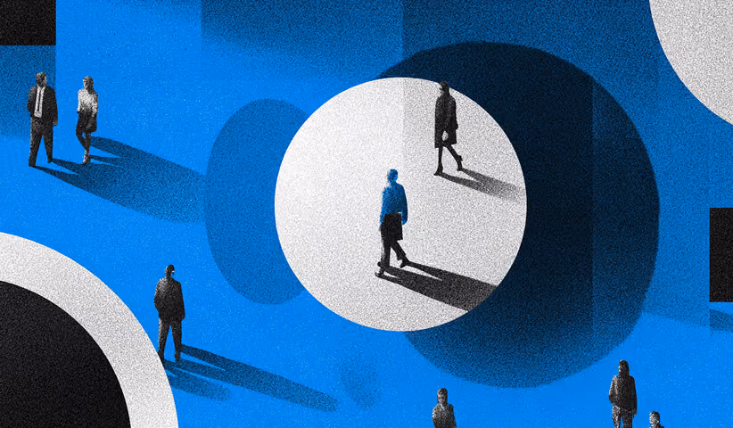 People walking across circular shapes and open spaces, representing customer segments and audience movement within a market.