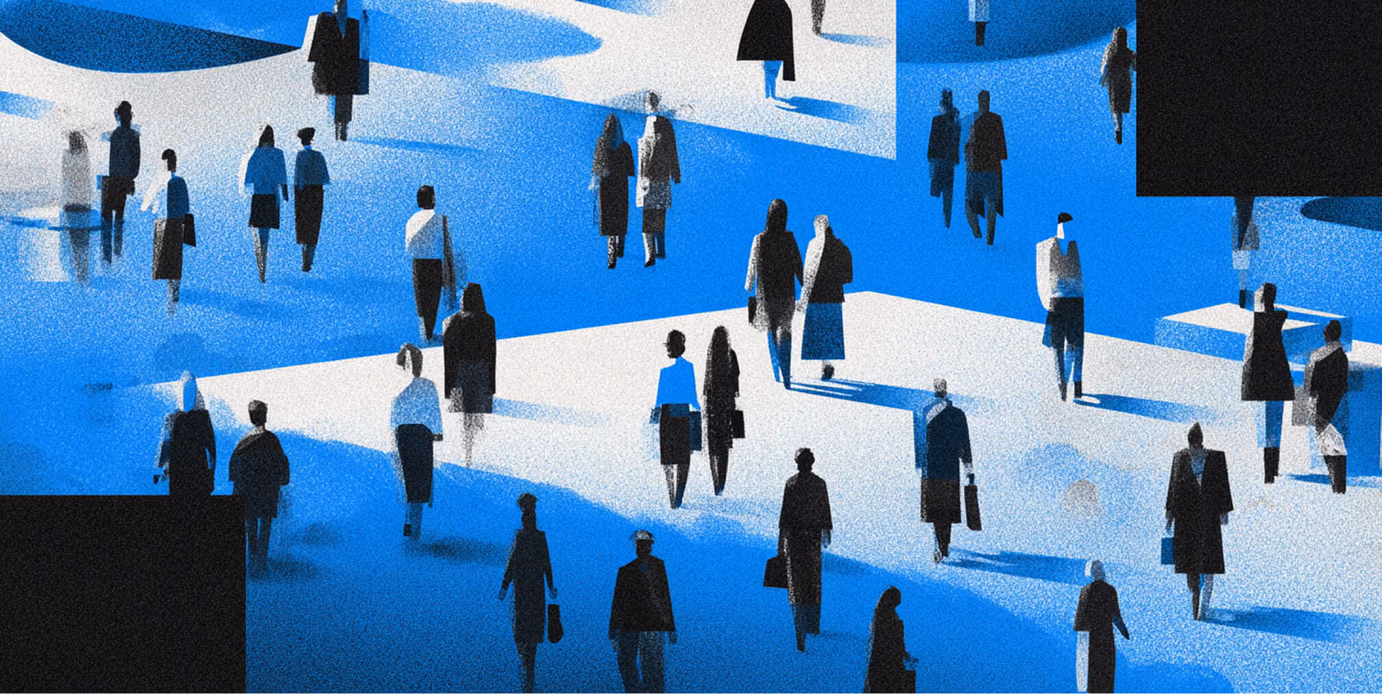 Large crowd of people walking across intersecting pathways, symbolizing diverse audiences and market perspectives.