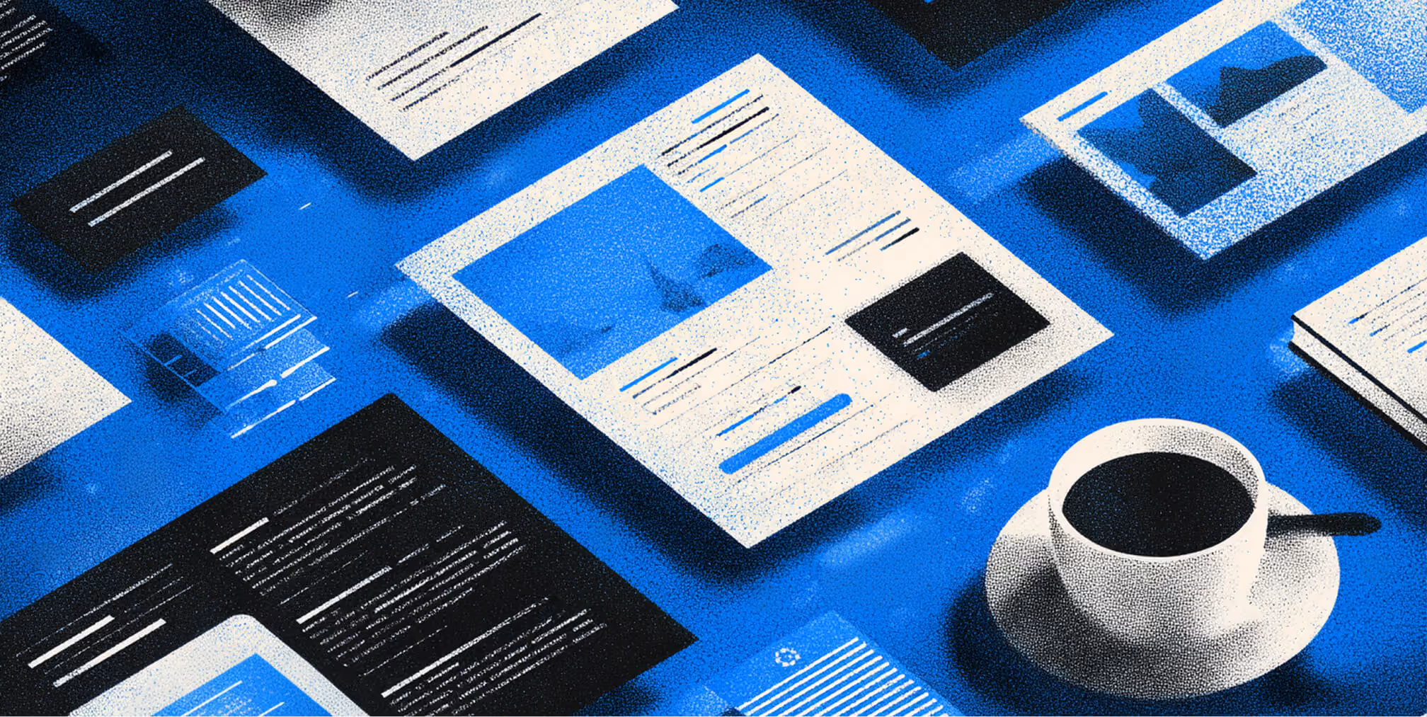 Workspace scene with scattered documents and a coffee cup, representing research, documentation, and strategy planning during a brand audit.