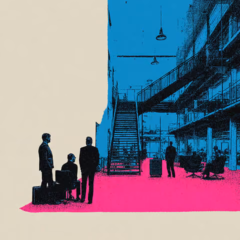 Business professionals standing in an industrial office space with bold color contrast, representing organizational change during a rebrand.