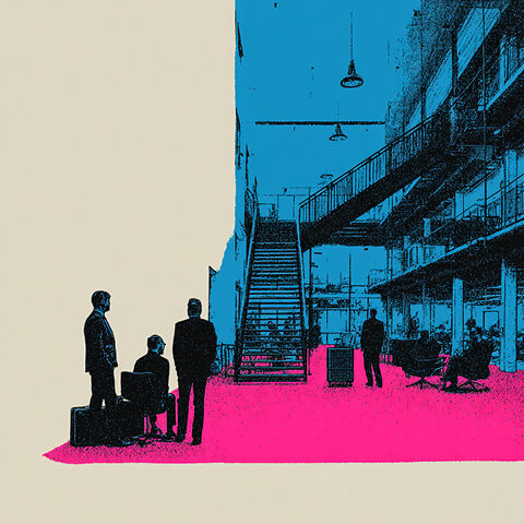 Business professionals standing in an industrial office space with bold color contrast, representing organizational change during a rebrand.