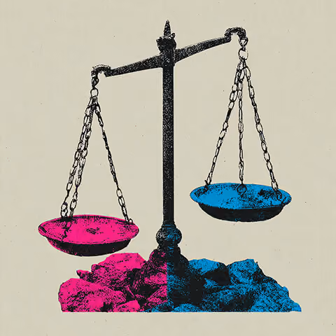 Balanced scale with pink and blue weights on rocky bases, representing the comparison between evolutionary and transformational rebranding strategies.