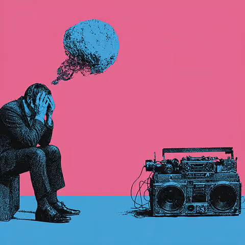 Man sitting with head in hands beside a boombox and thought bubble, symbolizing confusion or brand identity challenges before repositioning.