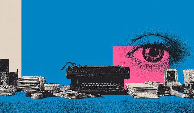 Desk filled with documents and a typewriter with a large eye graphic behind it, symbolizing careful brand evaluation and strategic oversight.