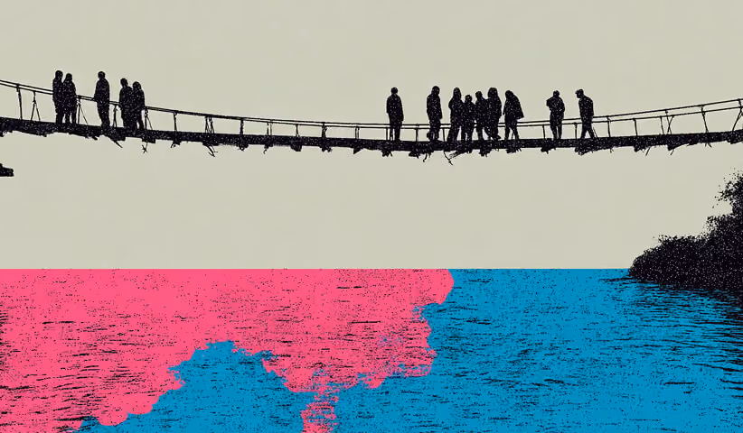 Group of people crossing a suspension bridge over contrasting colored water, representing audiences transitioning during a brand shift.