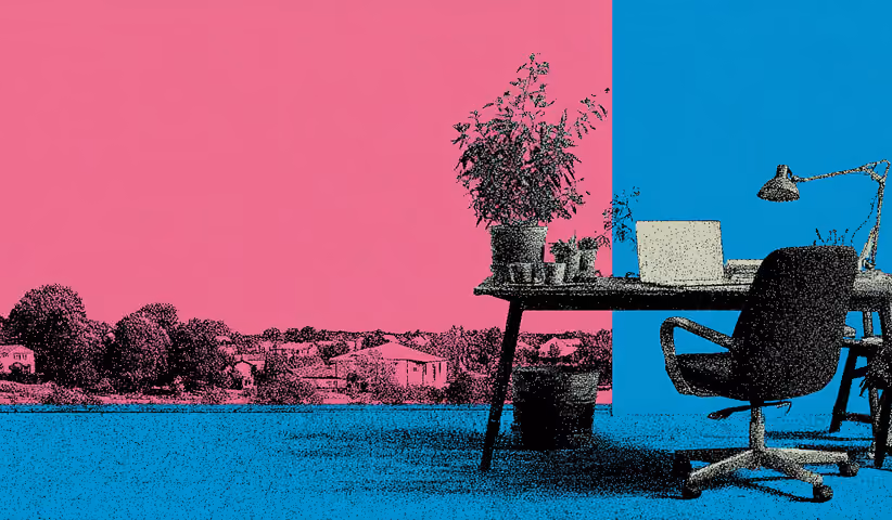 Minimal workspace with desk, laptop, and plant overlooking a landscape, representing strategic planning and brand repositioning.