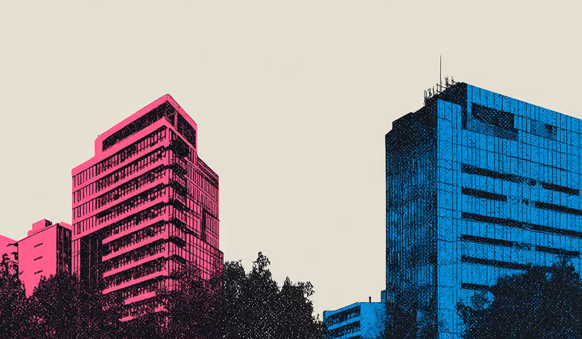 Two contrasting office buildings highlighted in different colors, representing different brand identities or strategic directions.