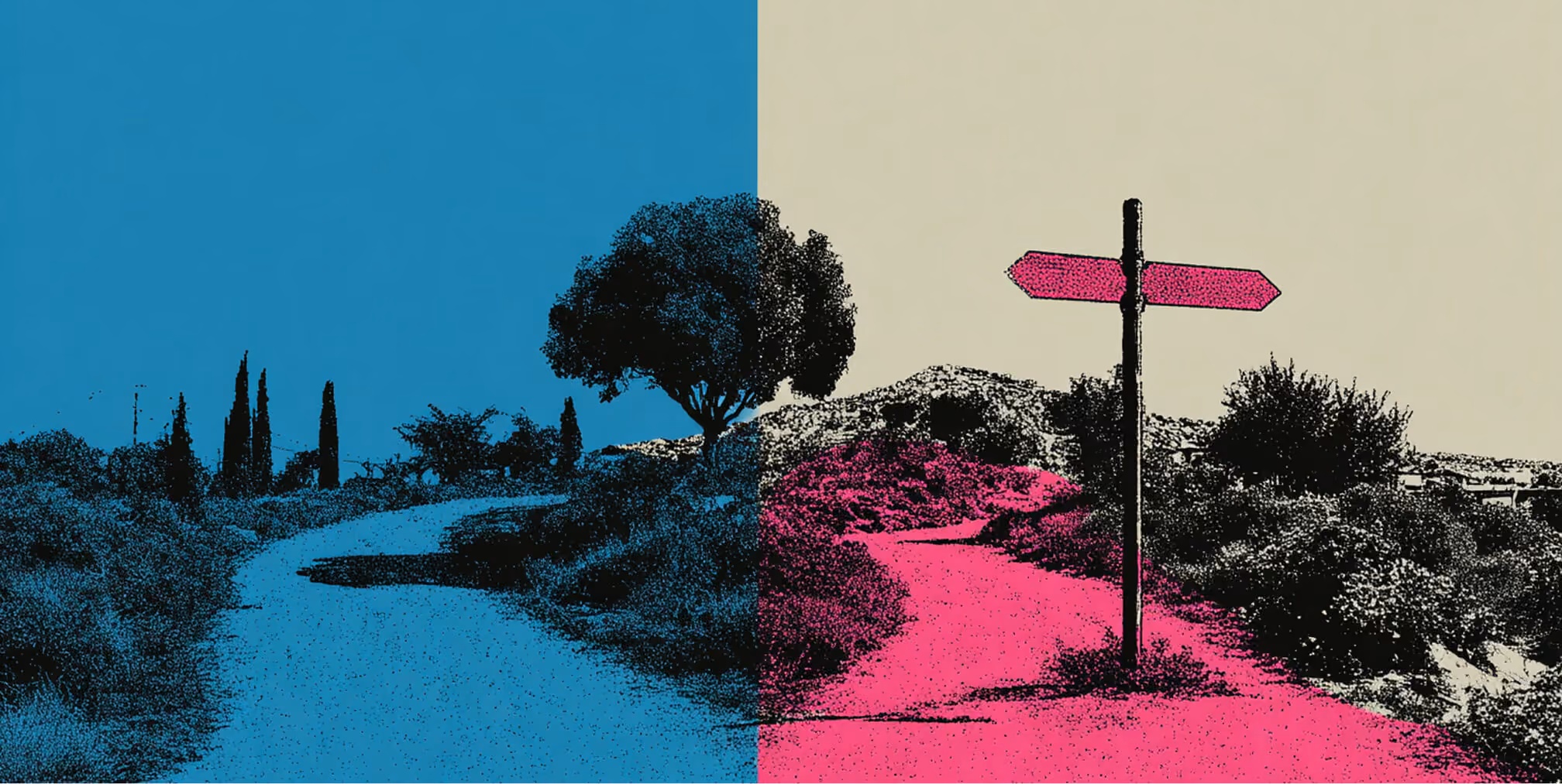 Road splitting into two directions with a signpost, symbolizing the strategic choice between incremental evolution and full transformation.