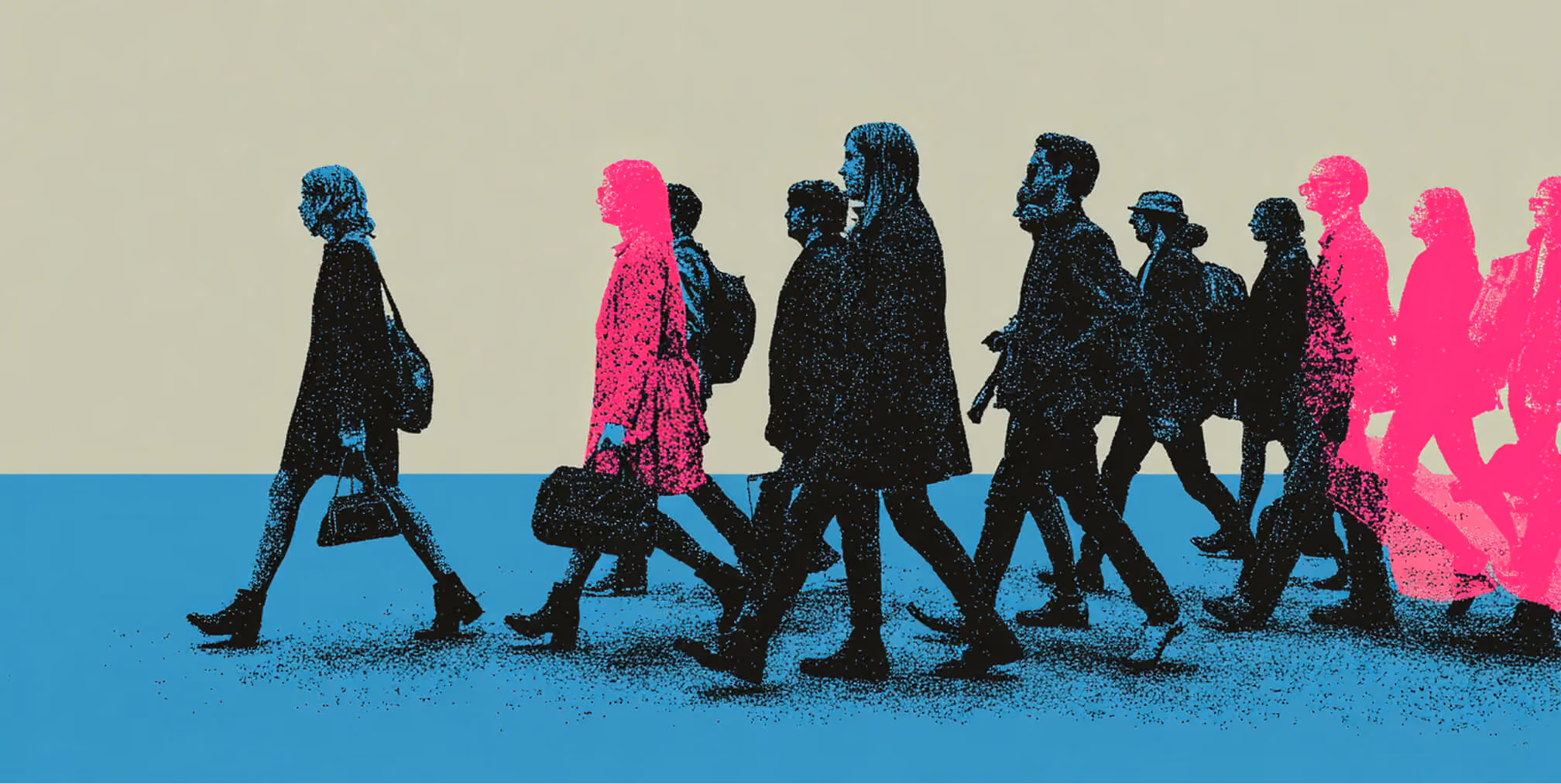 Crowd of professionals walking forward with highlighted individuals in bright color, representing audience perception and brand change impact.