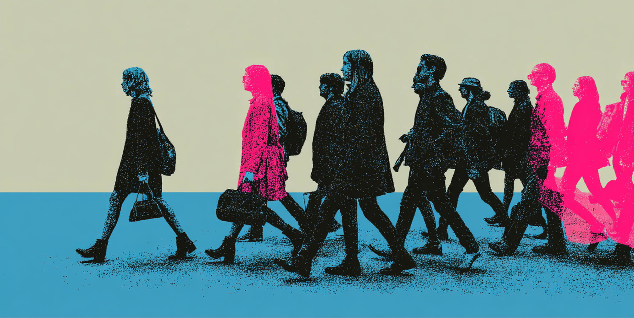Crowd of professionals walking forward with highlighted individuals in bright color, representing audience perception and brand change impact.