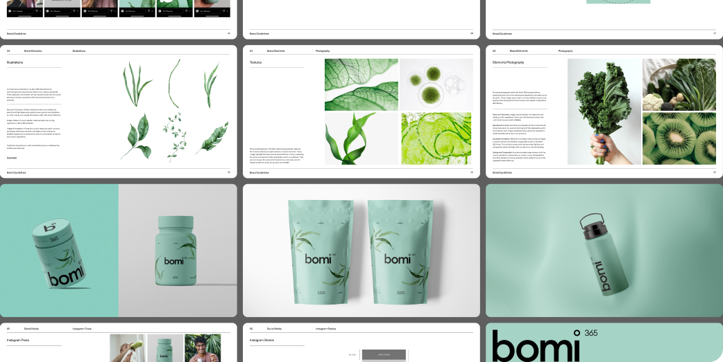 Brand identity presentation board for a wellness brand showing how strategy translates into visual expression across multiple applications. The grid includes brand guideline pages with botanical illustrations, texture studies, vegetable photography, packaging mockups, social media layouts, and a water bottle design, reflecting the blog’s point that brand identity systems turn core strategy into consistent visual assets and real-world touchpoints.
