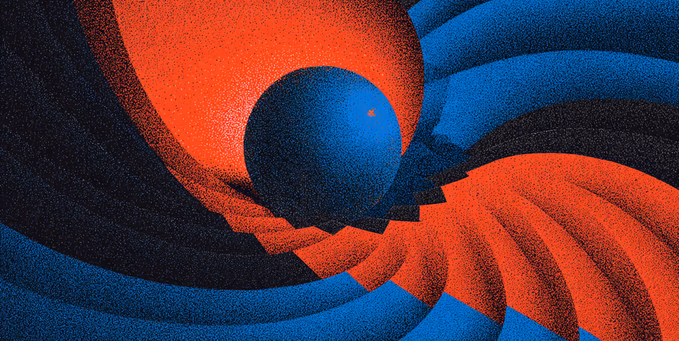 Abstract composition of intersecting red and blue shapes forming a central sphere, symbolizing balance and preservation of brand equity during change.